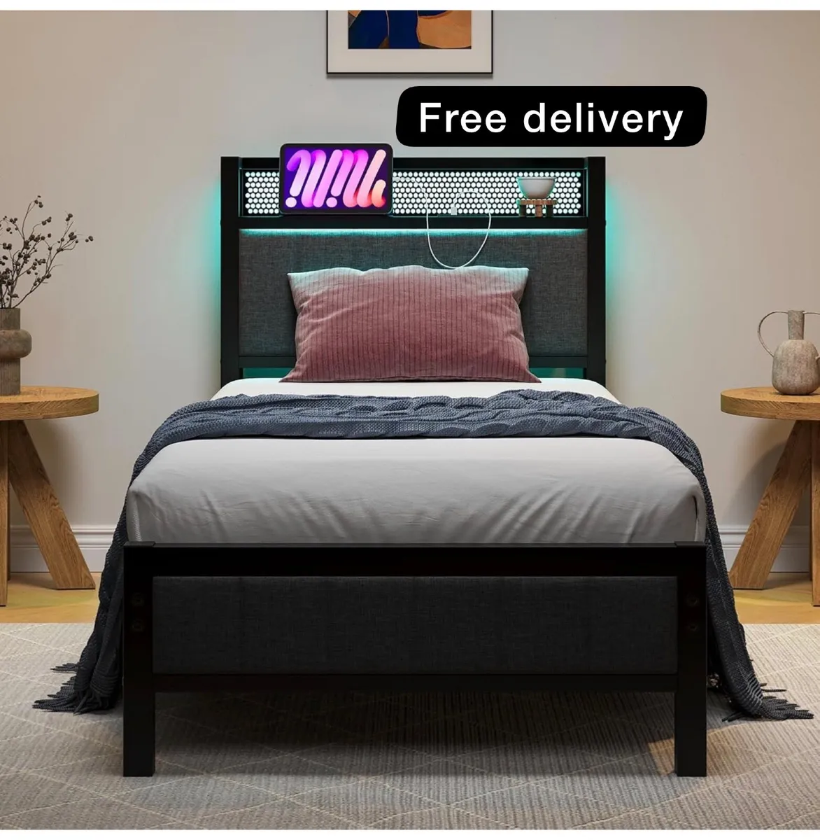 Single Bed Frames with Storage Headboard and Charg - Image 1