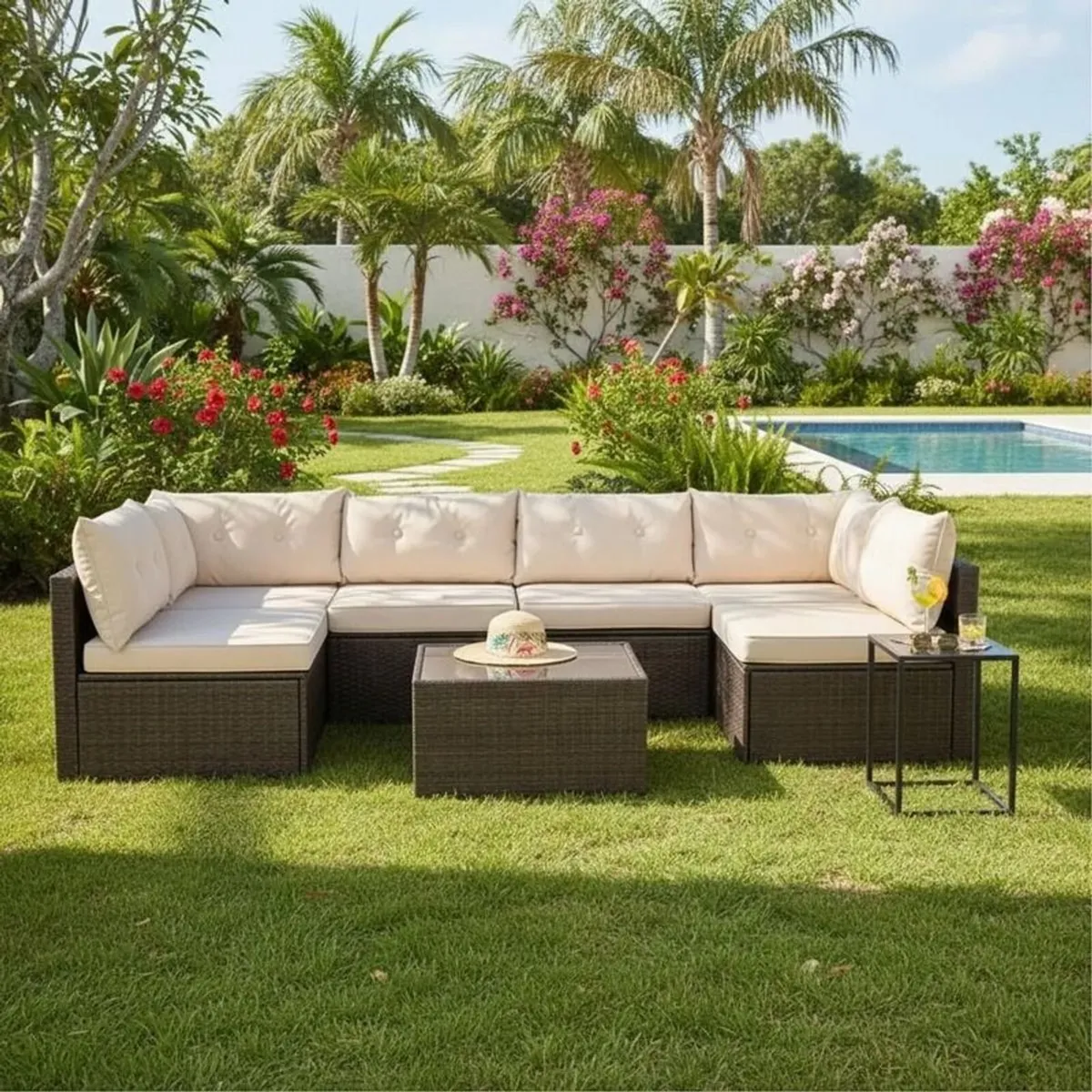 MIAMI Luxury Rattan Garden Corner Sofa with Table - Image 1