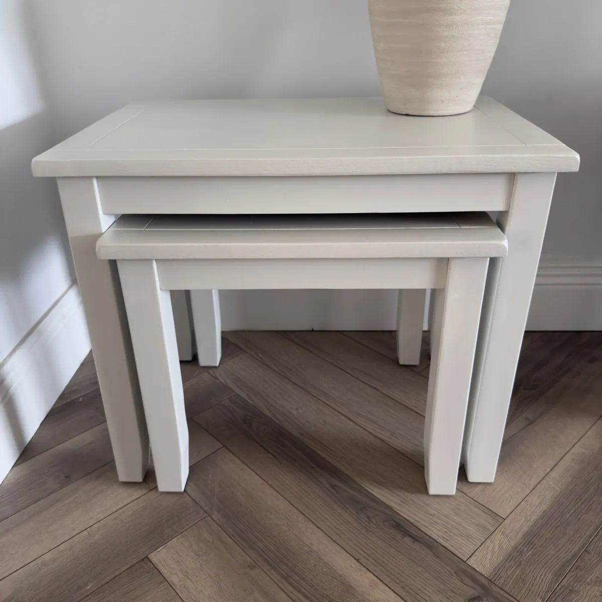 Solid Oak Side Tables Hand Painted Egyptian Cotton - Image 1