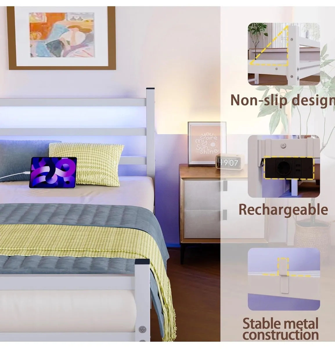 Single Bed Frame with Headboard & LED Lights,H - Image 4