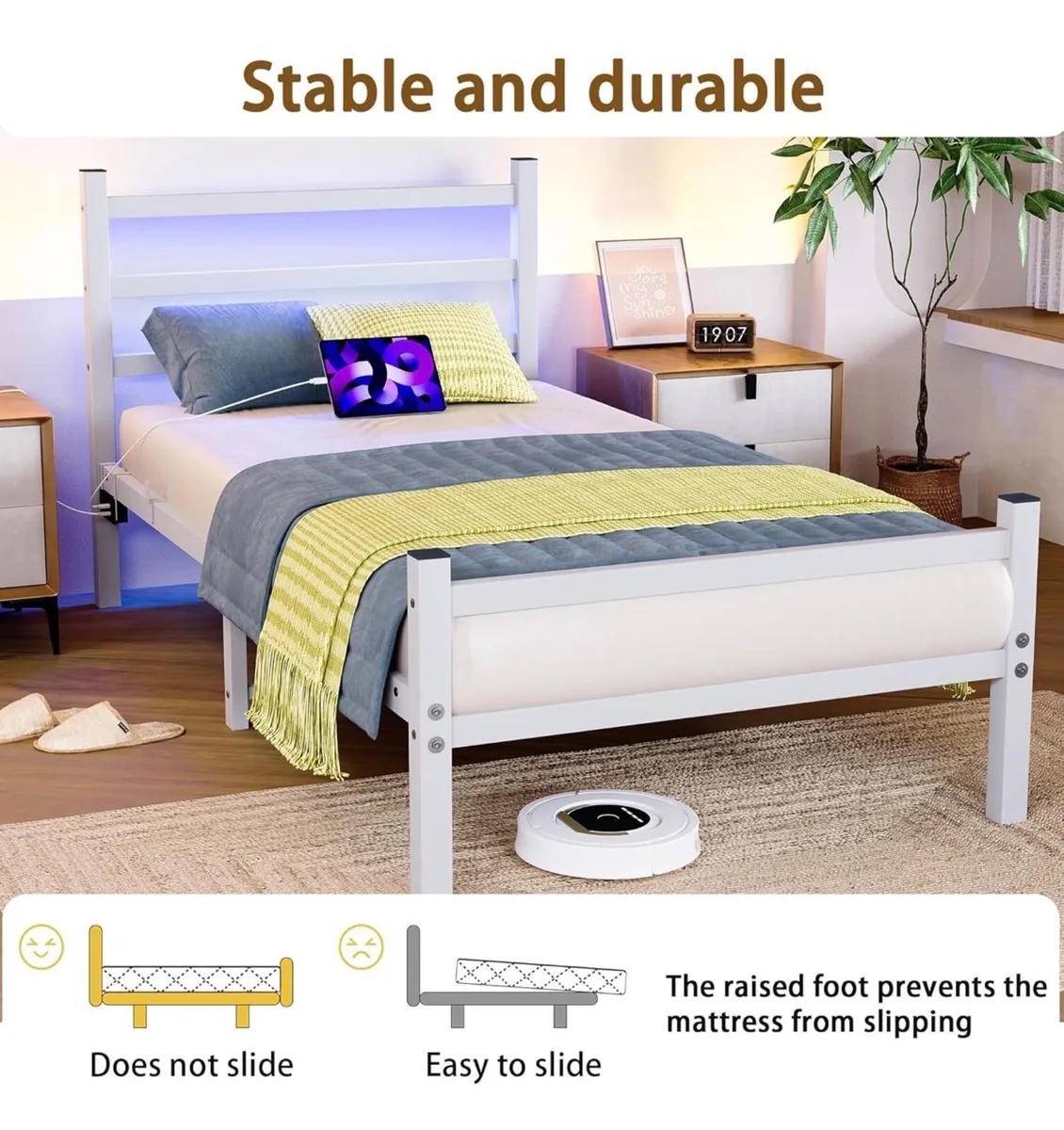 Single Bed Frame with Headboard & LED Lights,H - Image 2