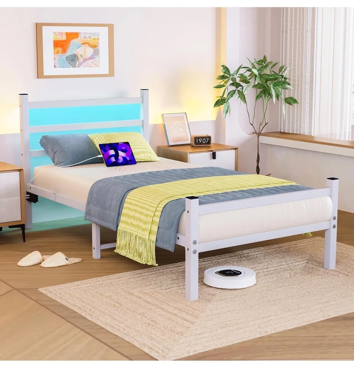 Single Bed Frame with Headboard & LED Lights,H - Image 1