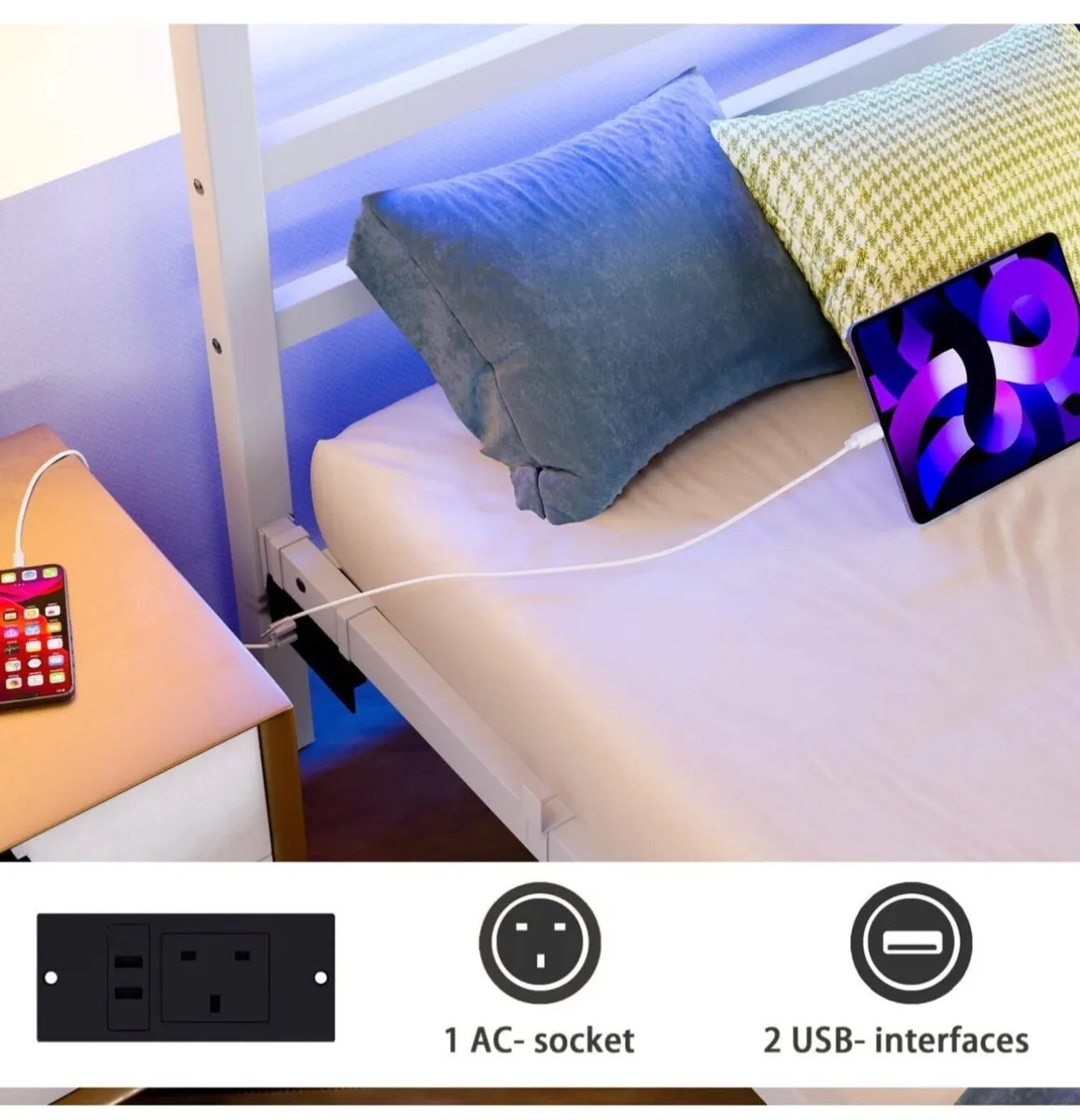 Single Bed Frame with Headboard & LED Lights,H - Image 3