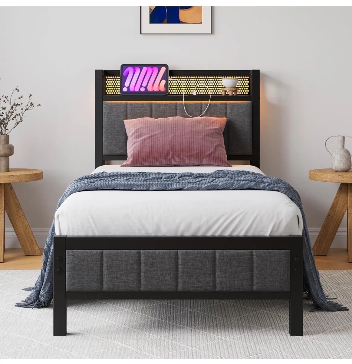 Single Bed Frames with Storage Headboard and Charg - Image 3