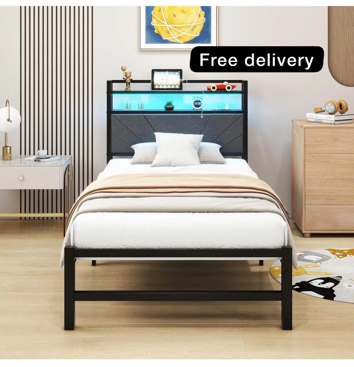 3ft Single Size Bed Frame with LED Lights Storage - Image 1
