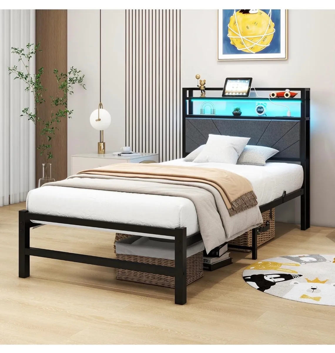 3ft Single Size Bed Frame with LED Lights Storage - Image 1