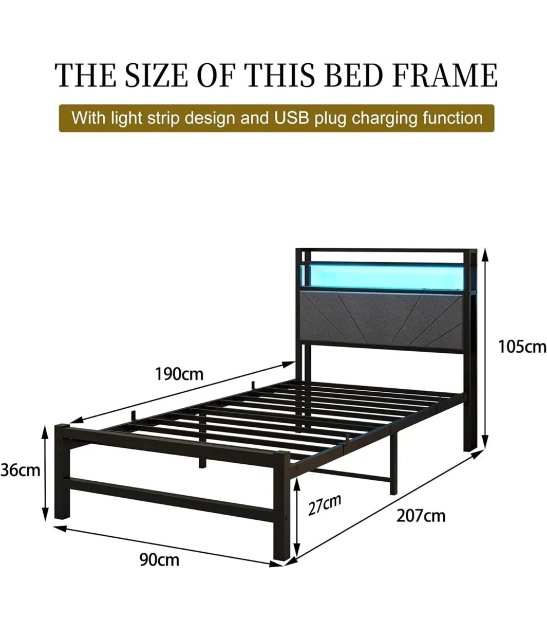 3ft Single Size Bed Frame with LED Lights Storage - Image 2