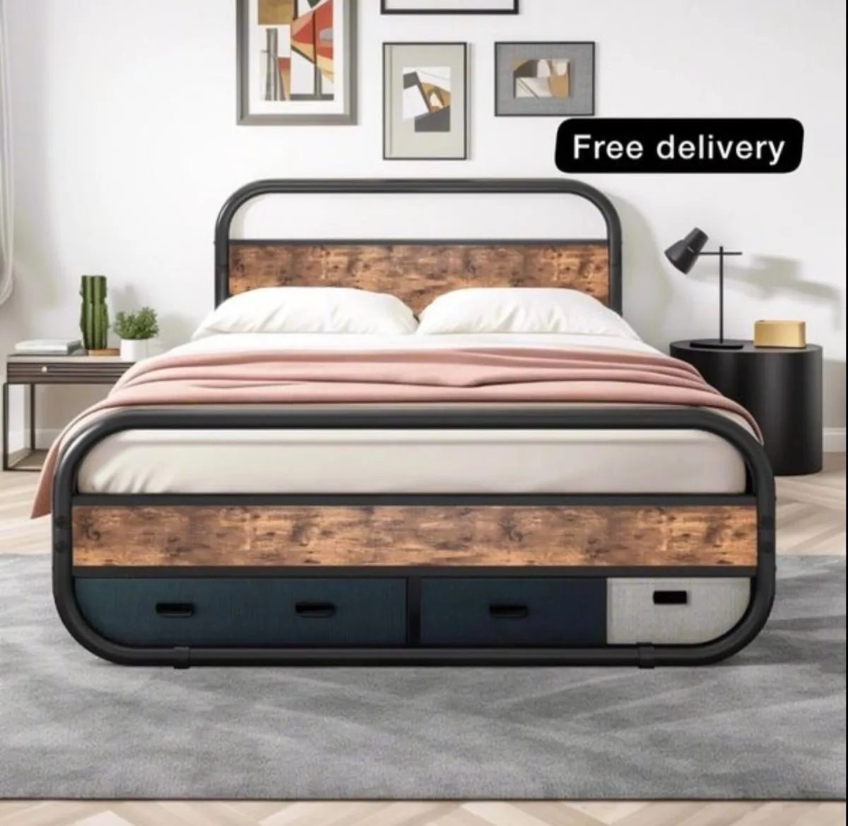 King Size Bed Frame with Headboard,Oval-Shaped Pla - Image 1