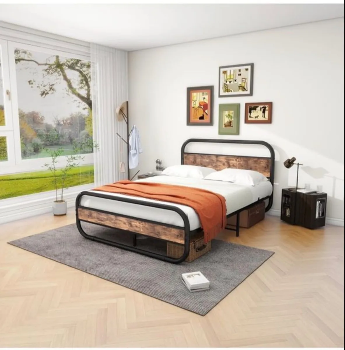 King Size Bed Frame with Headboard,Oval-Shaped Pla - Image 1