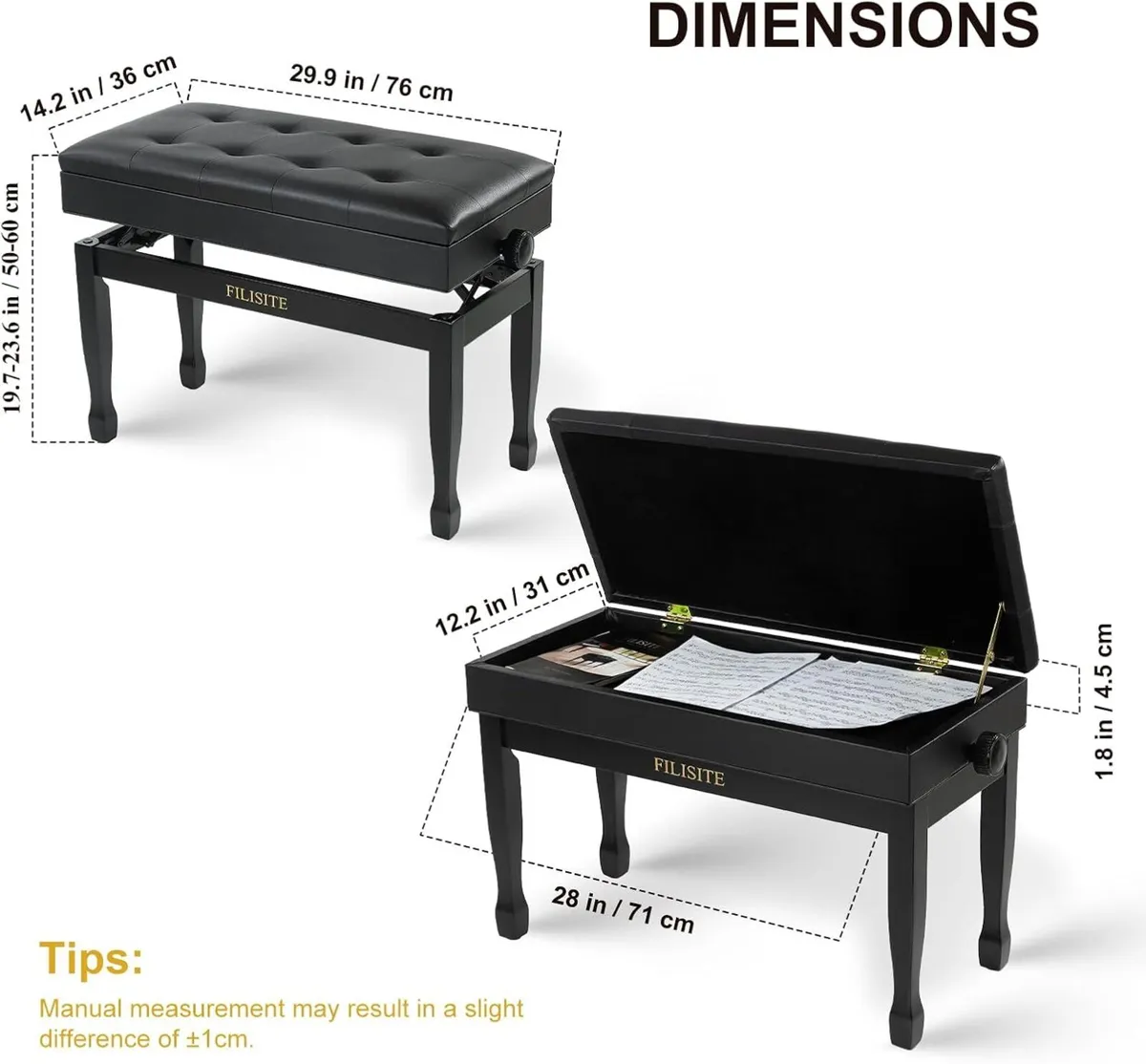 Duet Piano Bench with Storage Wooden Stool - Image 3