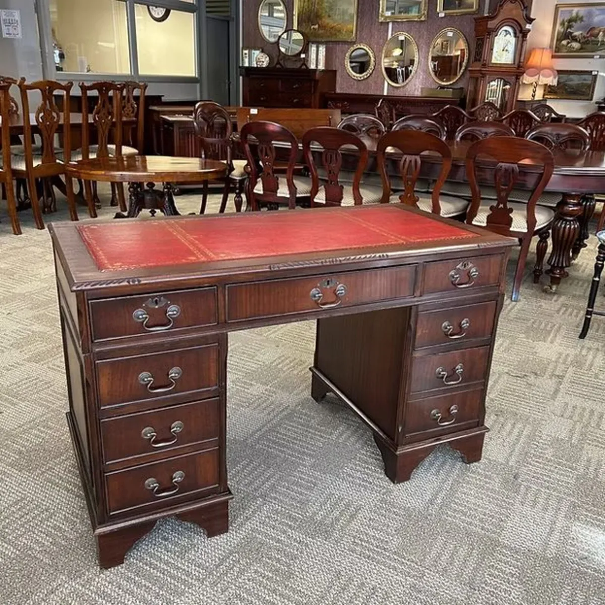 Mahogany red leather top twin pedestal writing des