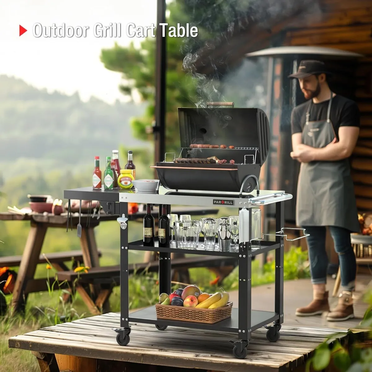 Outdoor Grill Dining Cart 3-Tier BBQ Table - Image 2