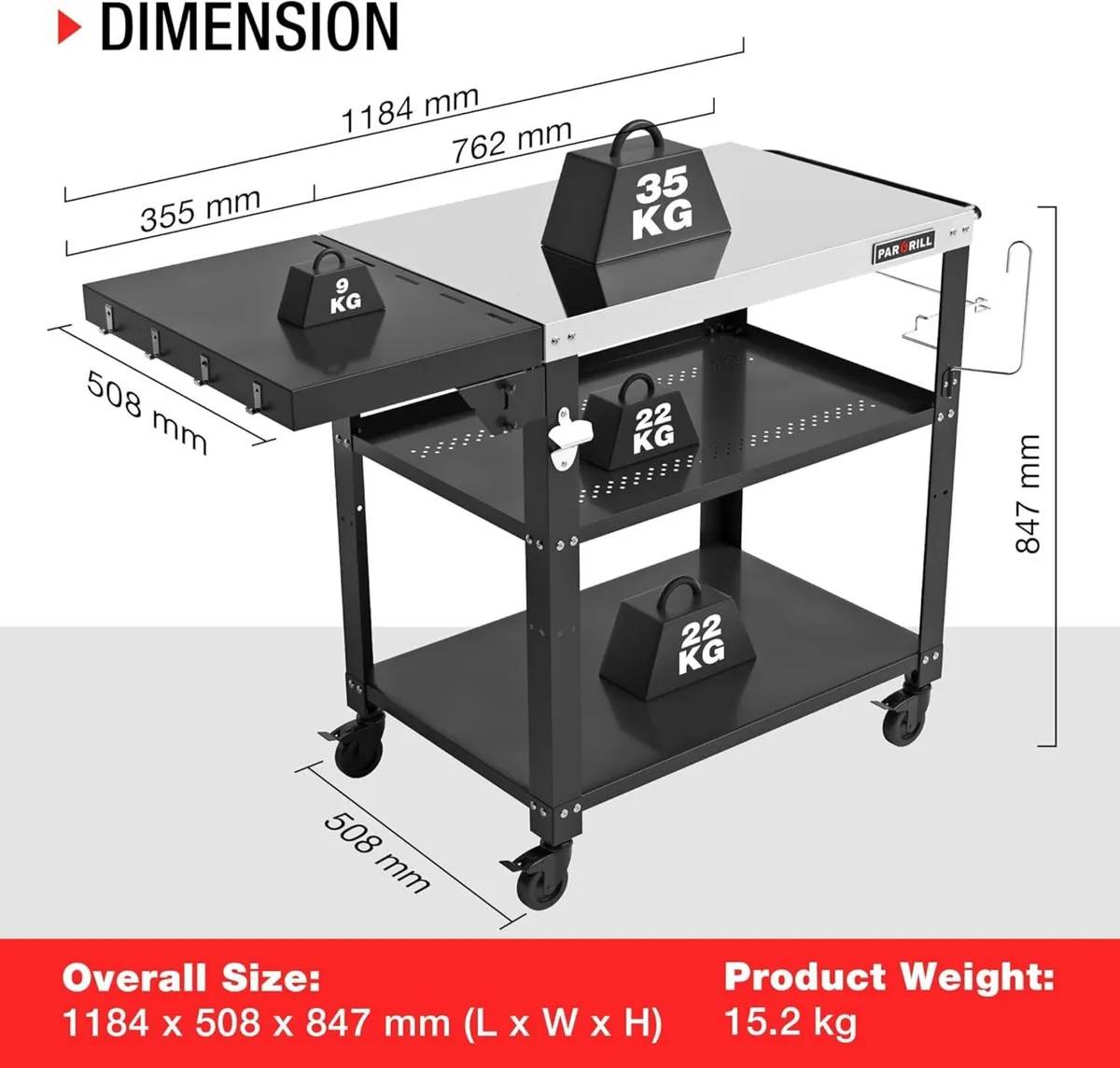Outdoor Grill Dining Cart 3-Tier BBQ Table - Image 3
