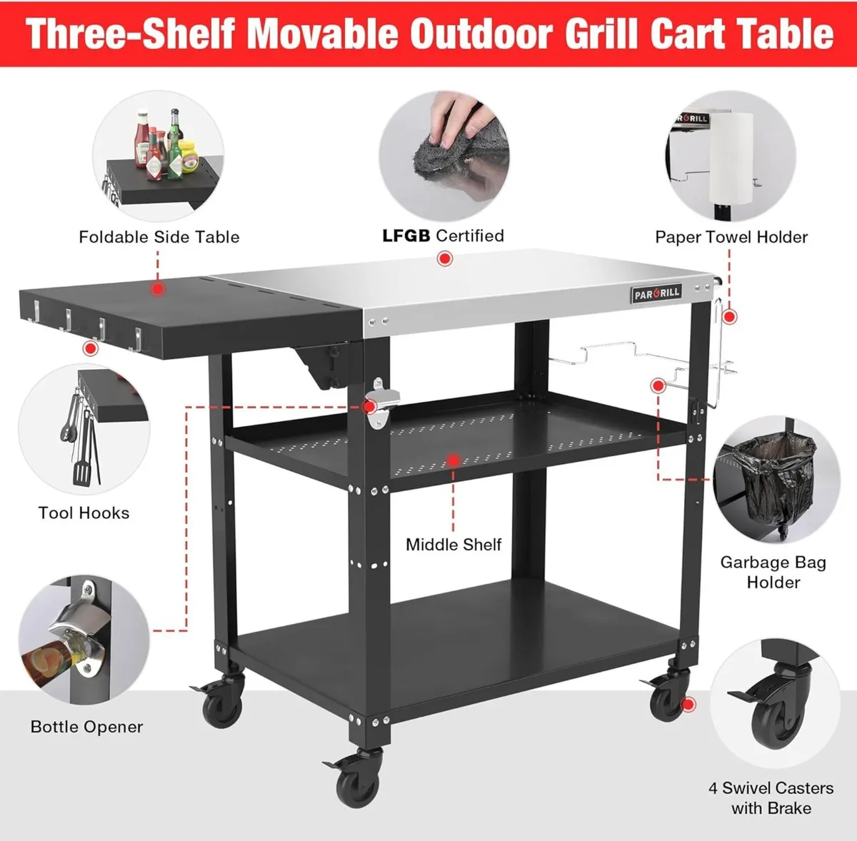 Outdoor Grill Dining Cart 3-Tier BBQ Table - Image 4