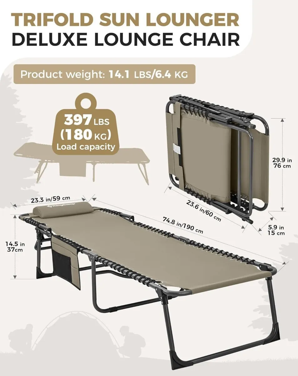 Camp Beds for Adults Sun Lounger 5-Position - Image 3