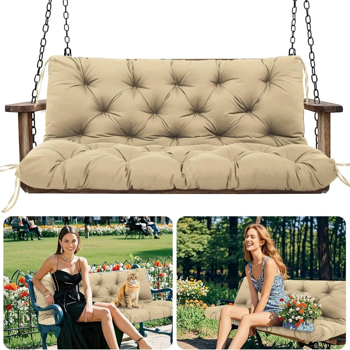 Garden Swing Cushions 3 Seater Waterproof Bench - Image 1