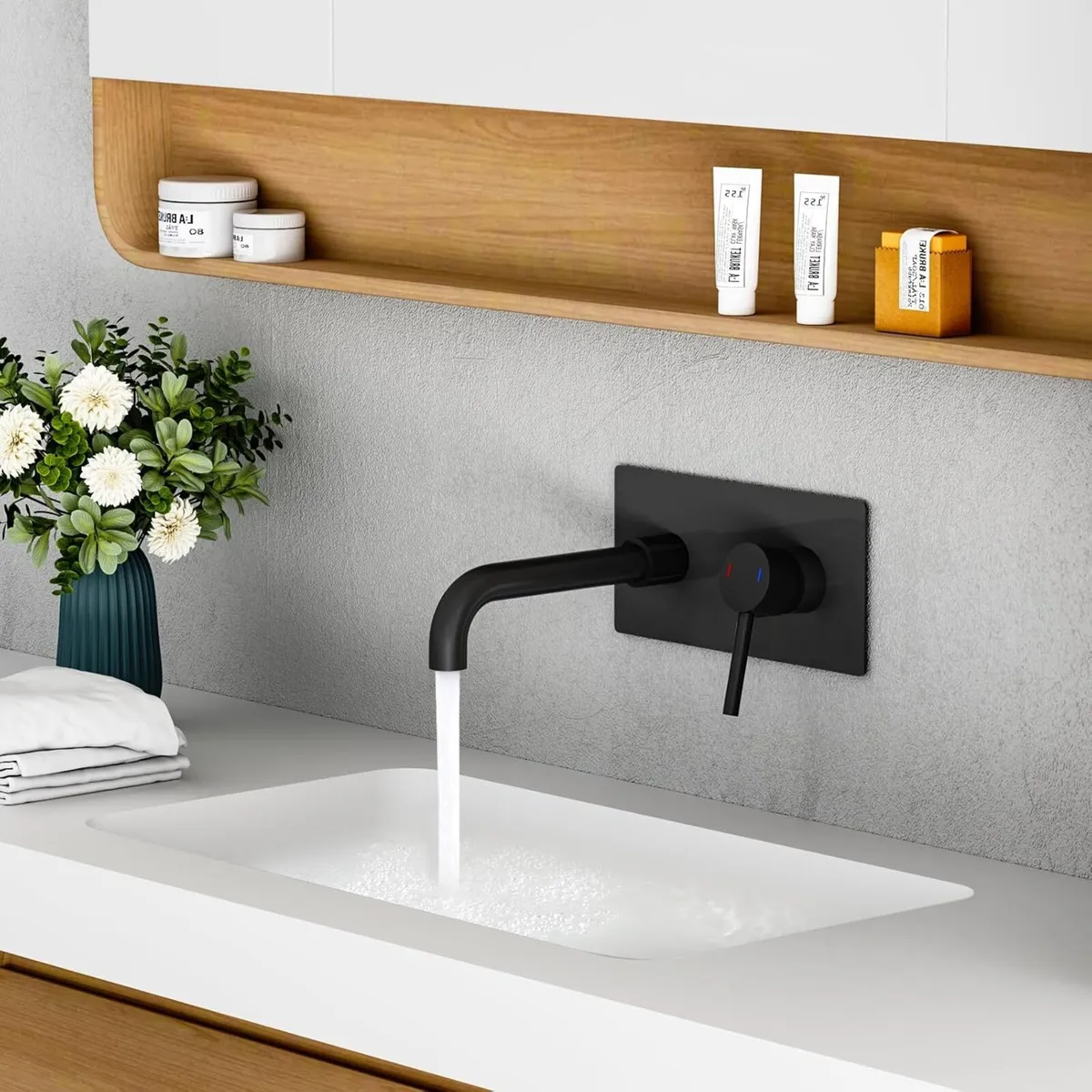 Black Wall Mounted Basin Mixer Tap with Escutcheon - Image 1