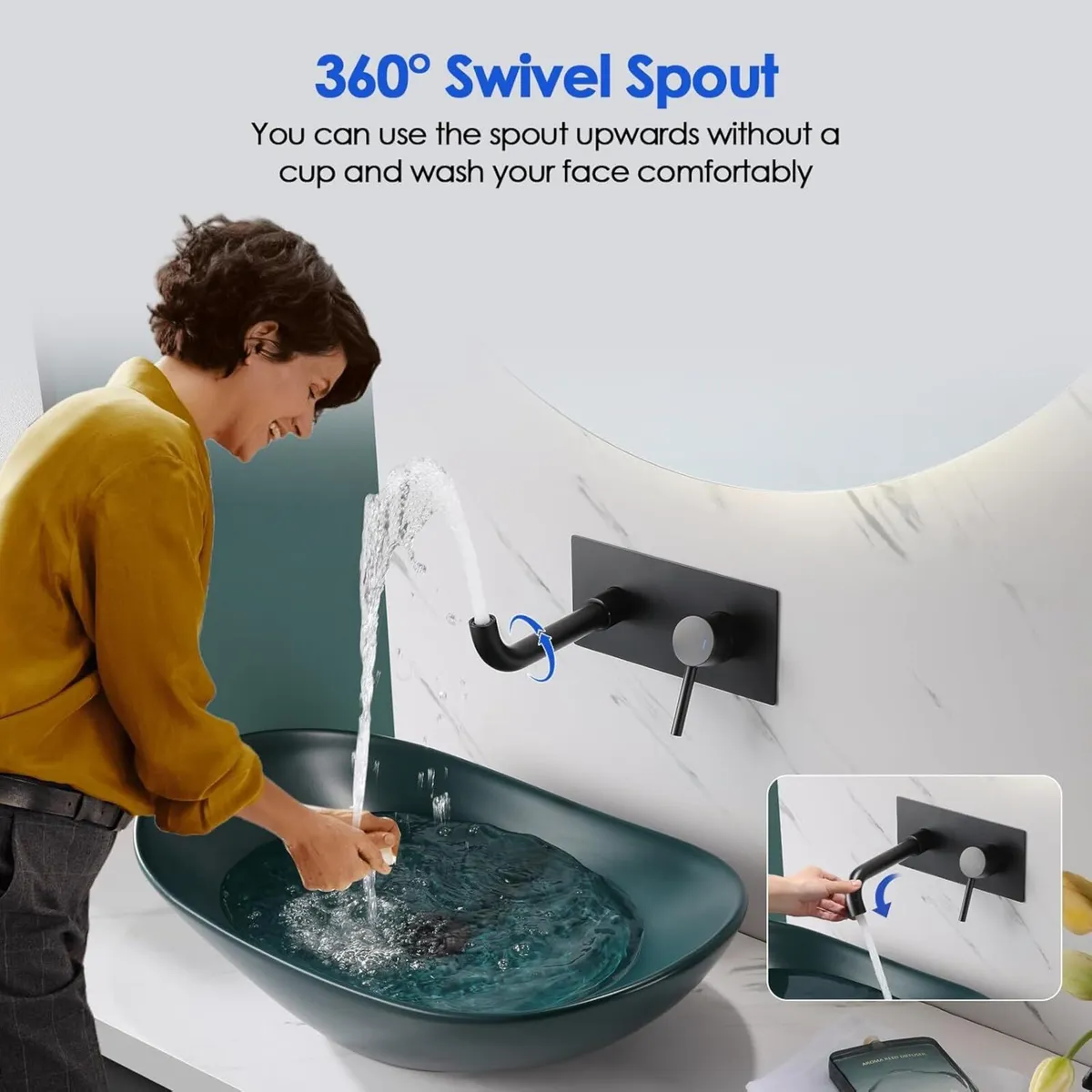 Black Wall Mounted Basin Mixer Tap with Escutcheon - Image 3