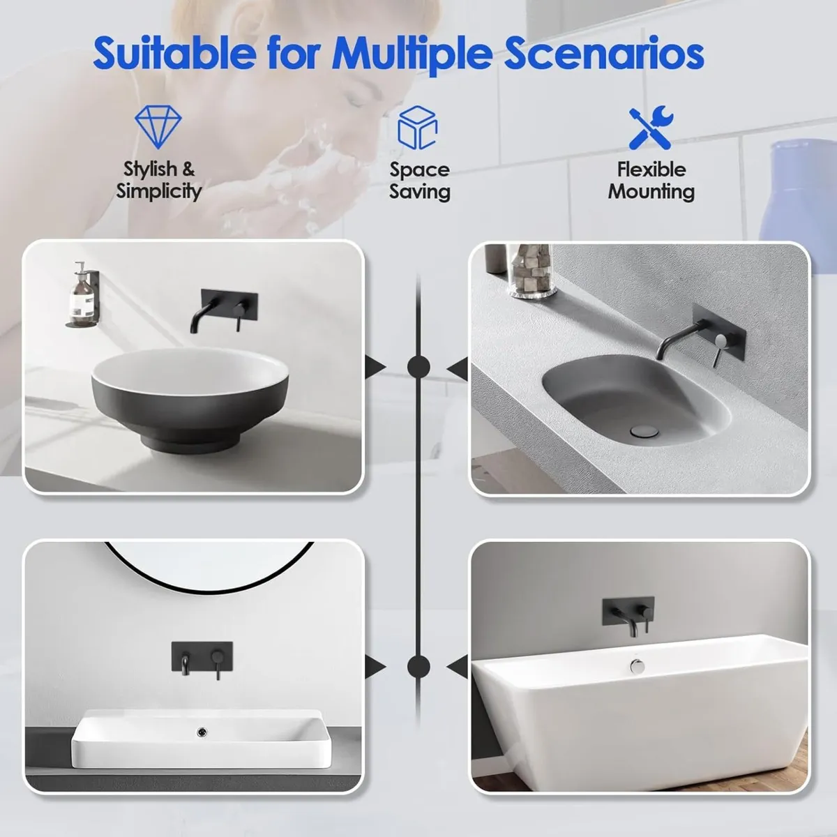 Black Wall Mounted Basin Mixer Tap with Escutcheon - Image 2