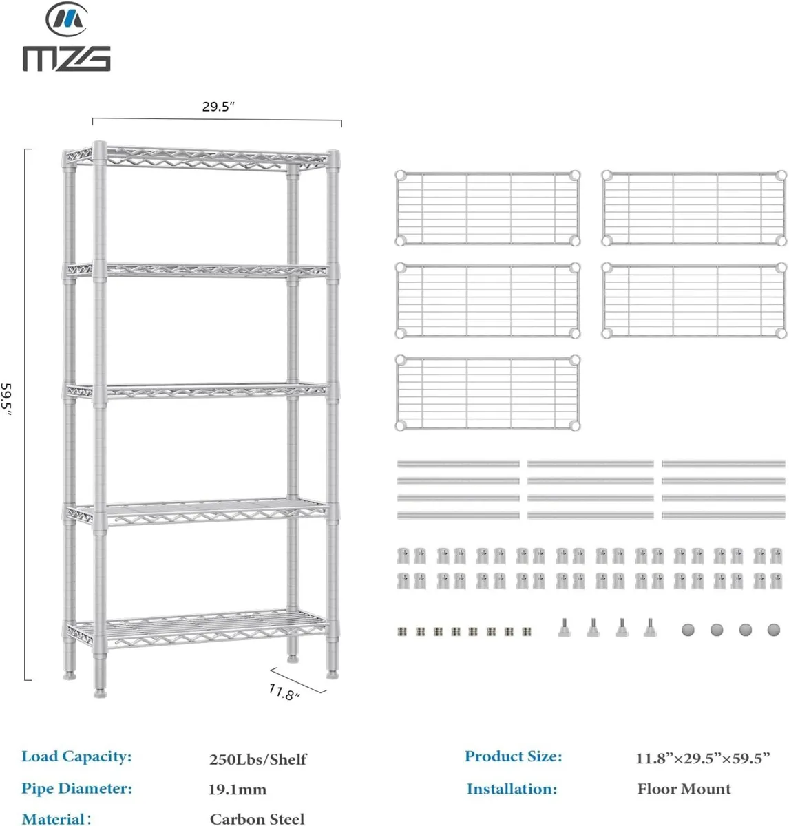 lbs 5 Tier Shelf Metal Storage Shelves Wire Rack - Image 3