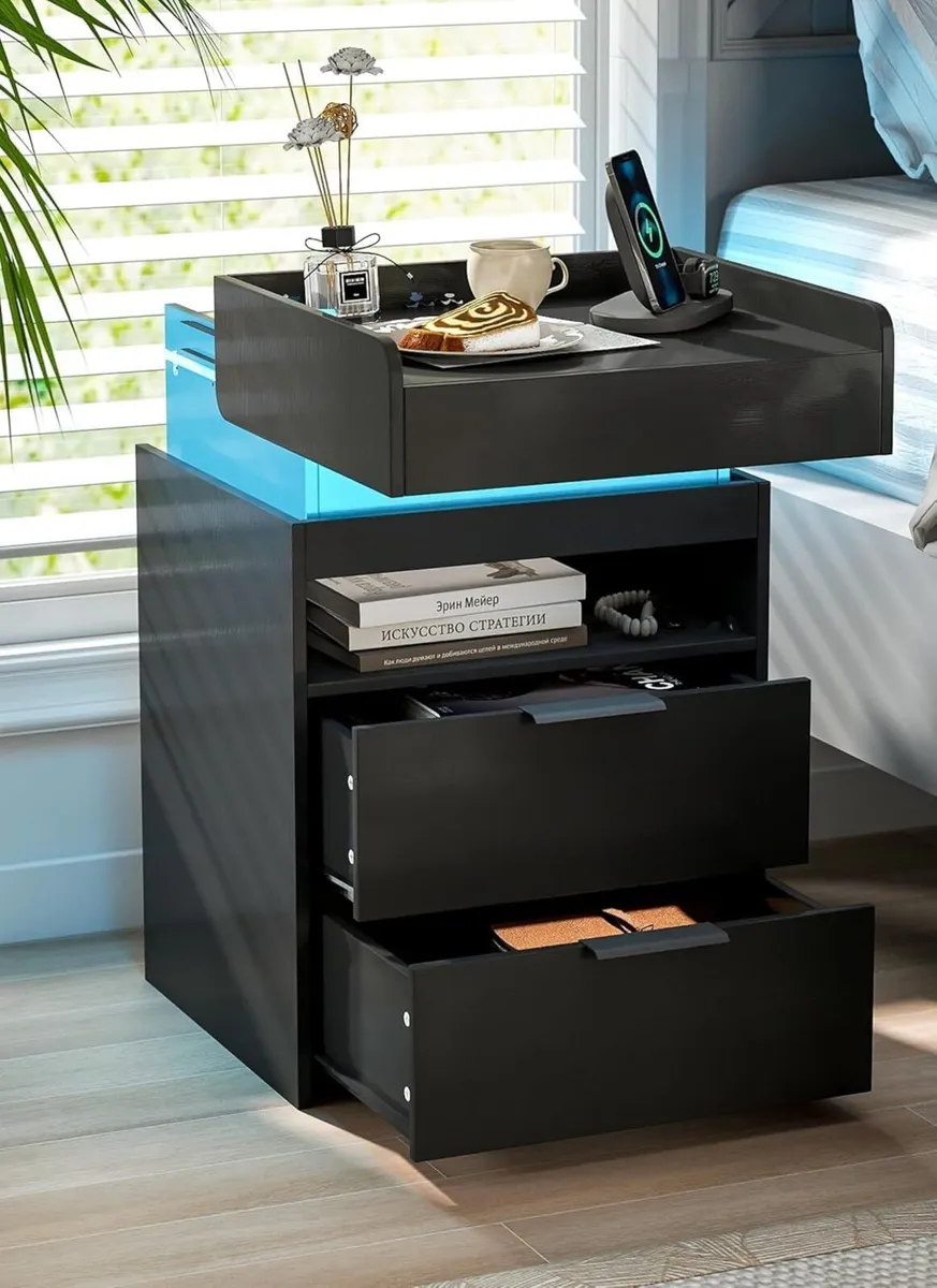 Bedside Table with Charging Station Wood Cabinet - Image 1
