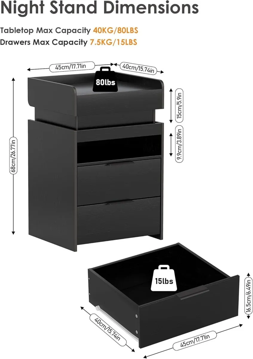 Bedside Table with Charging Station Wood Cabinet - Image 2