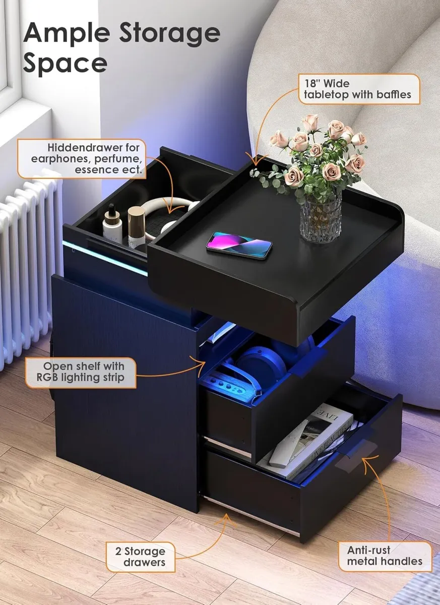 Bedside Table with Charging Station Wood Cabinet - Image 3