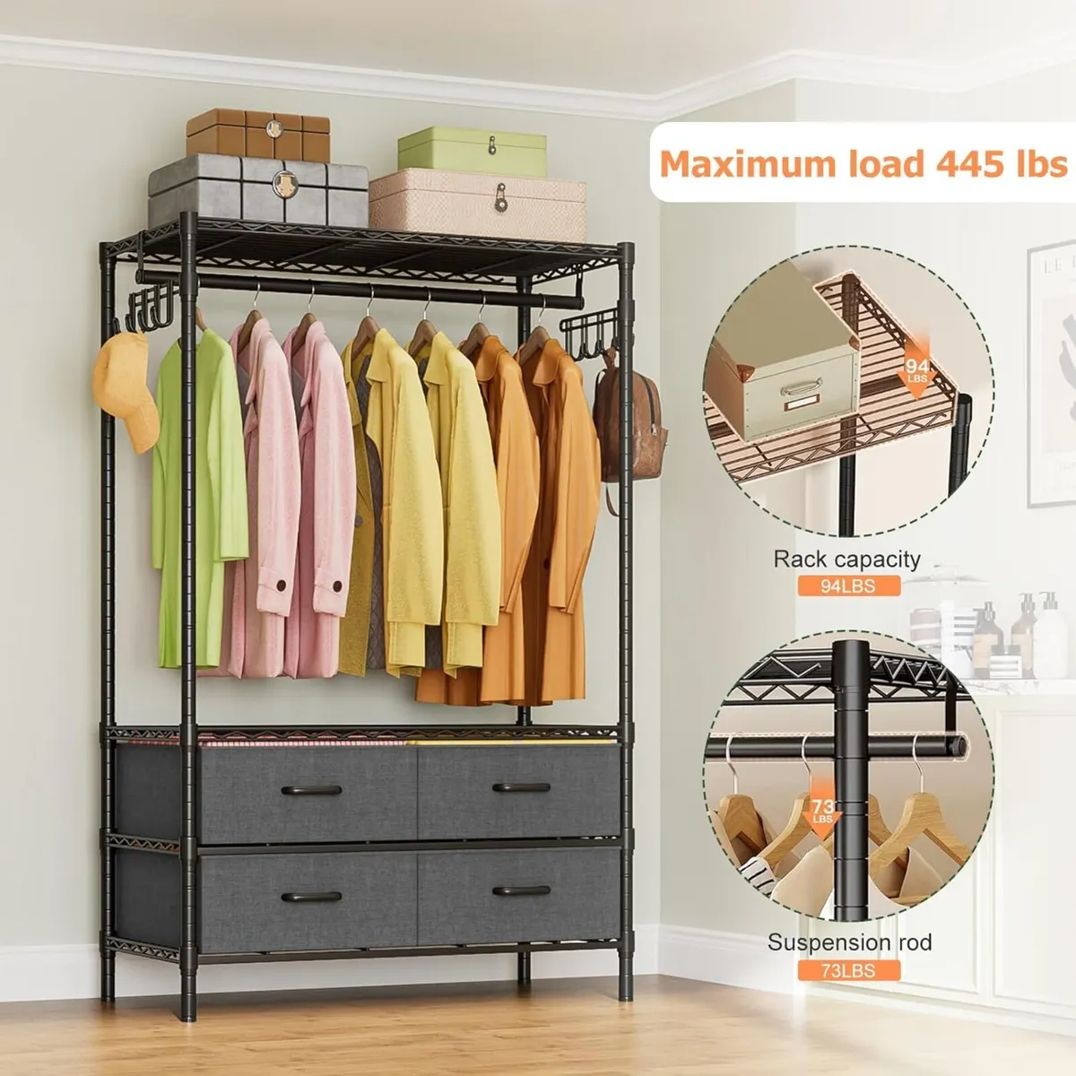 Clothes Rack with Fabric Drawers Rail Metal Coat - Image 4