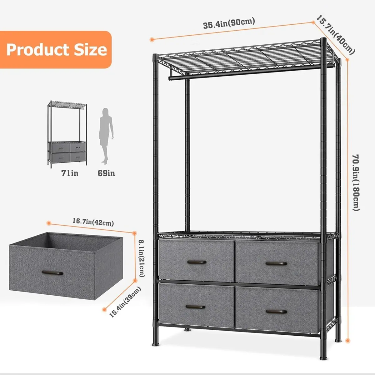 Clothes Rack with Fabric Drawers Rail Metal Coat - Image 3