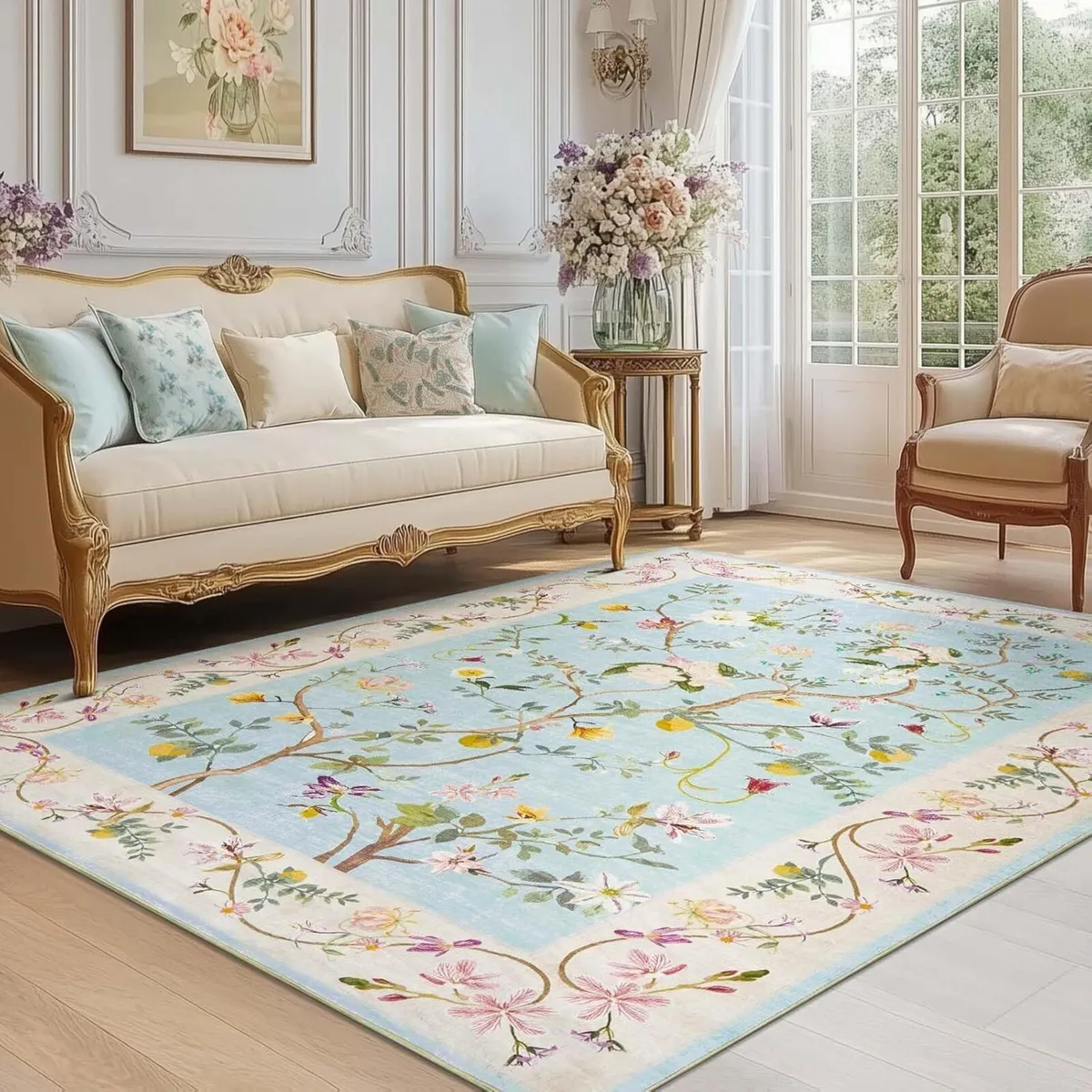 Area Rug 150x210 cm Washable Floral Soft Large - Image 1