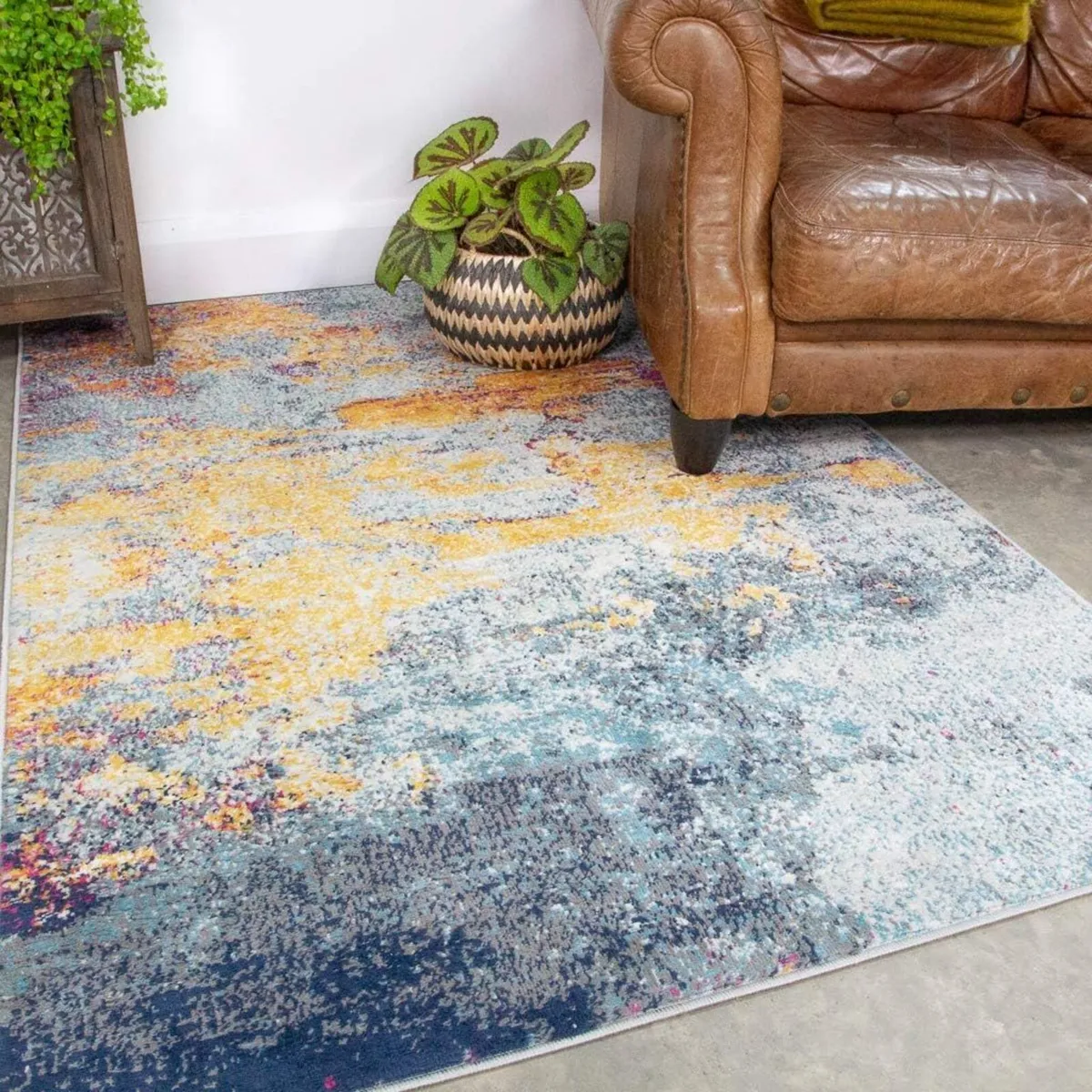 Teal Blue Ochre Mottled Rug Distressed Abstract - Image 1