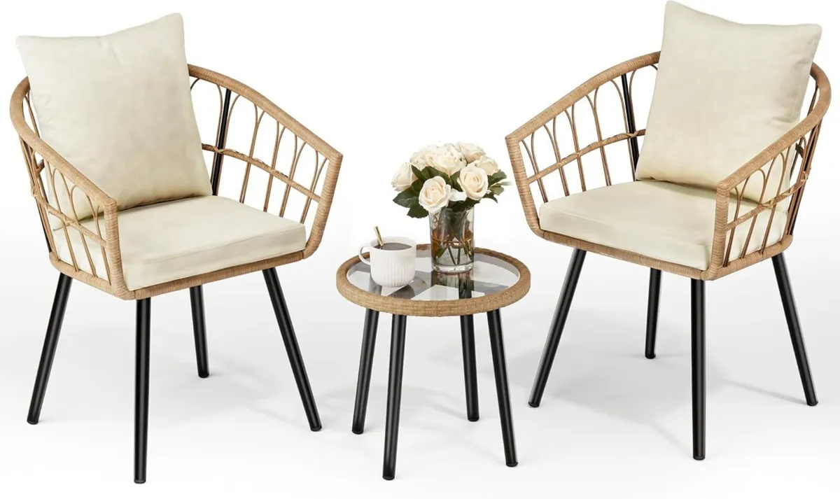 3 Piece Rattan Bistro Set Garden Furniture with - Image 1