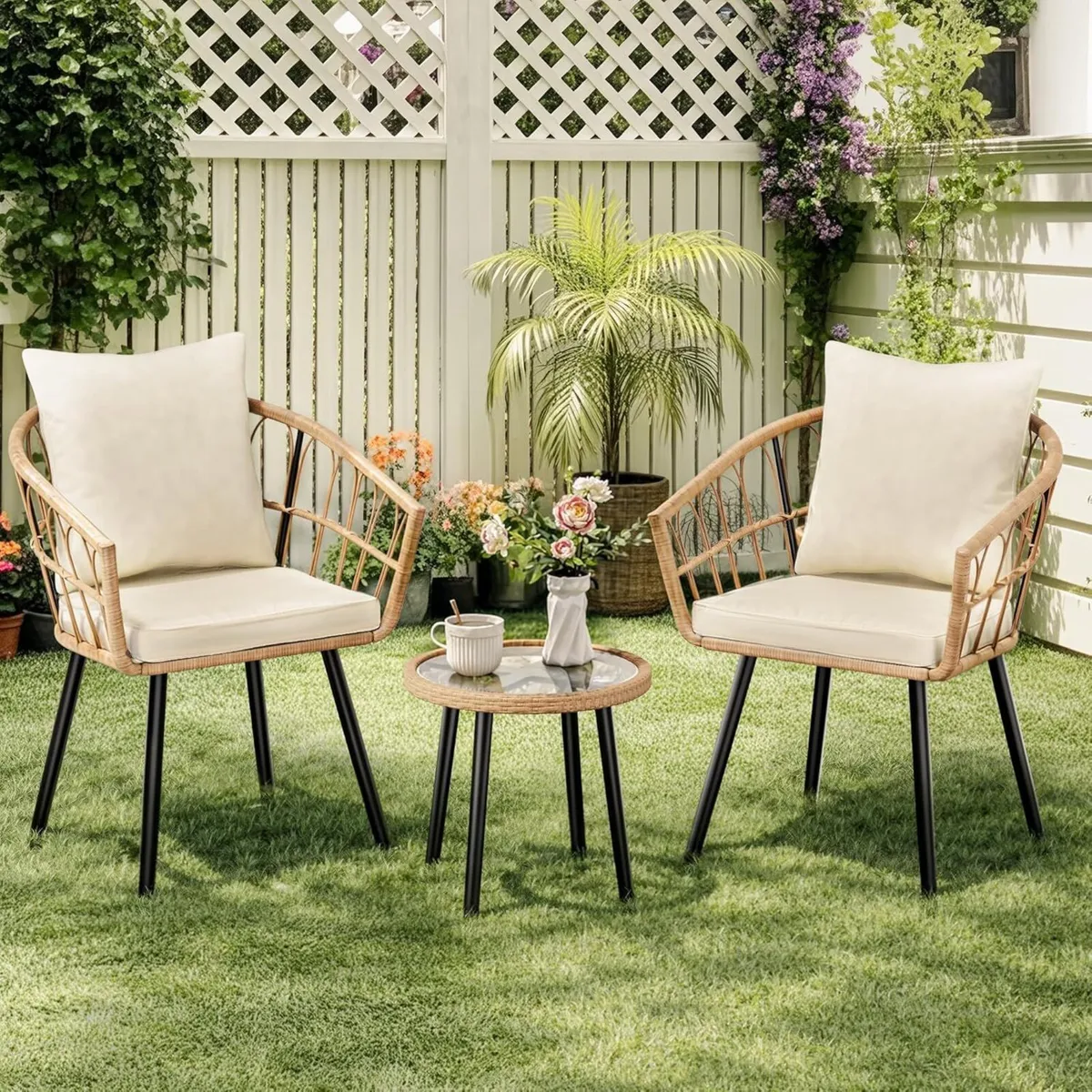 3 Piece Rattan Bistro Set Garden Furniture with - Image 2