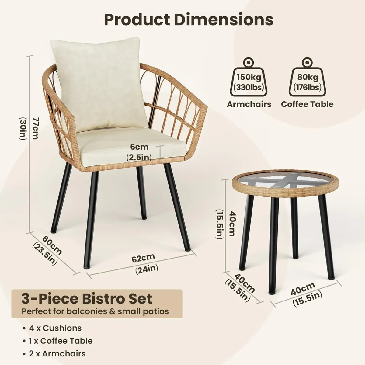 3 Piece Rattan Bistro Set Garden Furniture with - Image 3