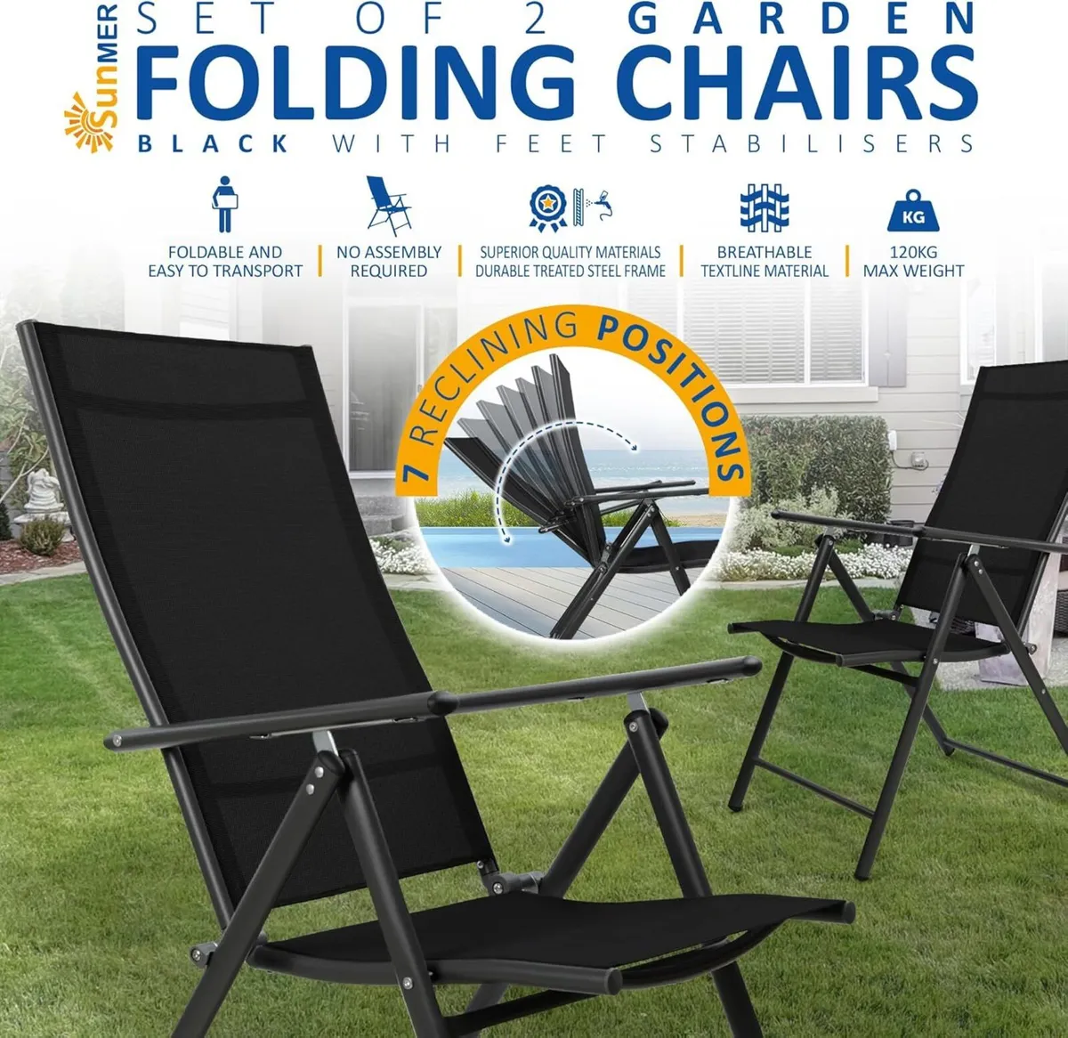 Folding Garden Chairs - Set of 2 High Back - Image 3