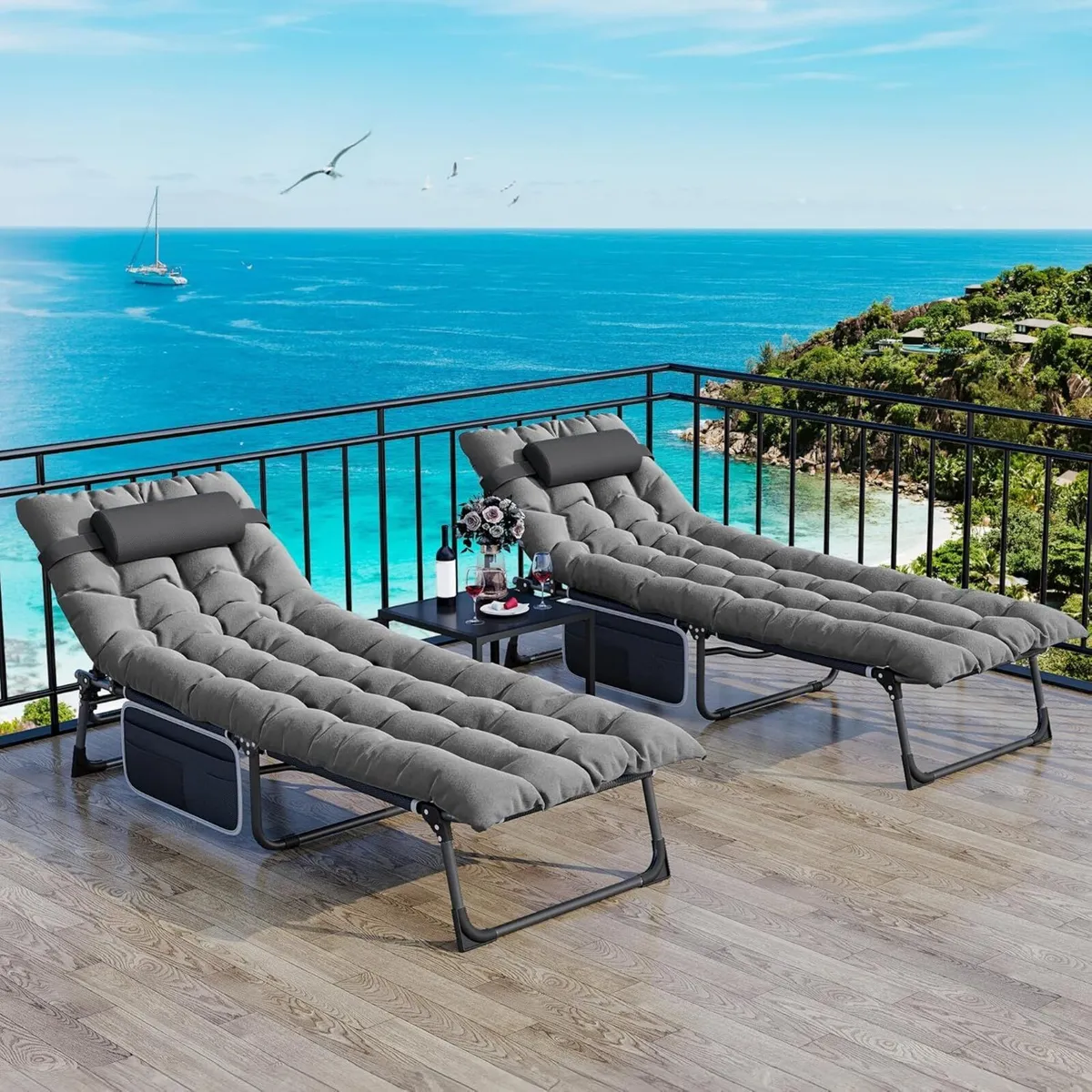 Reclining Sun Lounger Set of 2 with Cushion - Image 2
