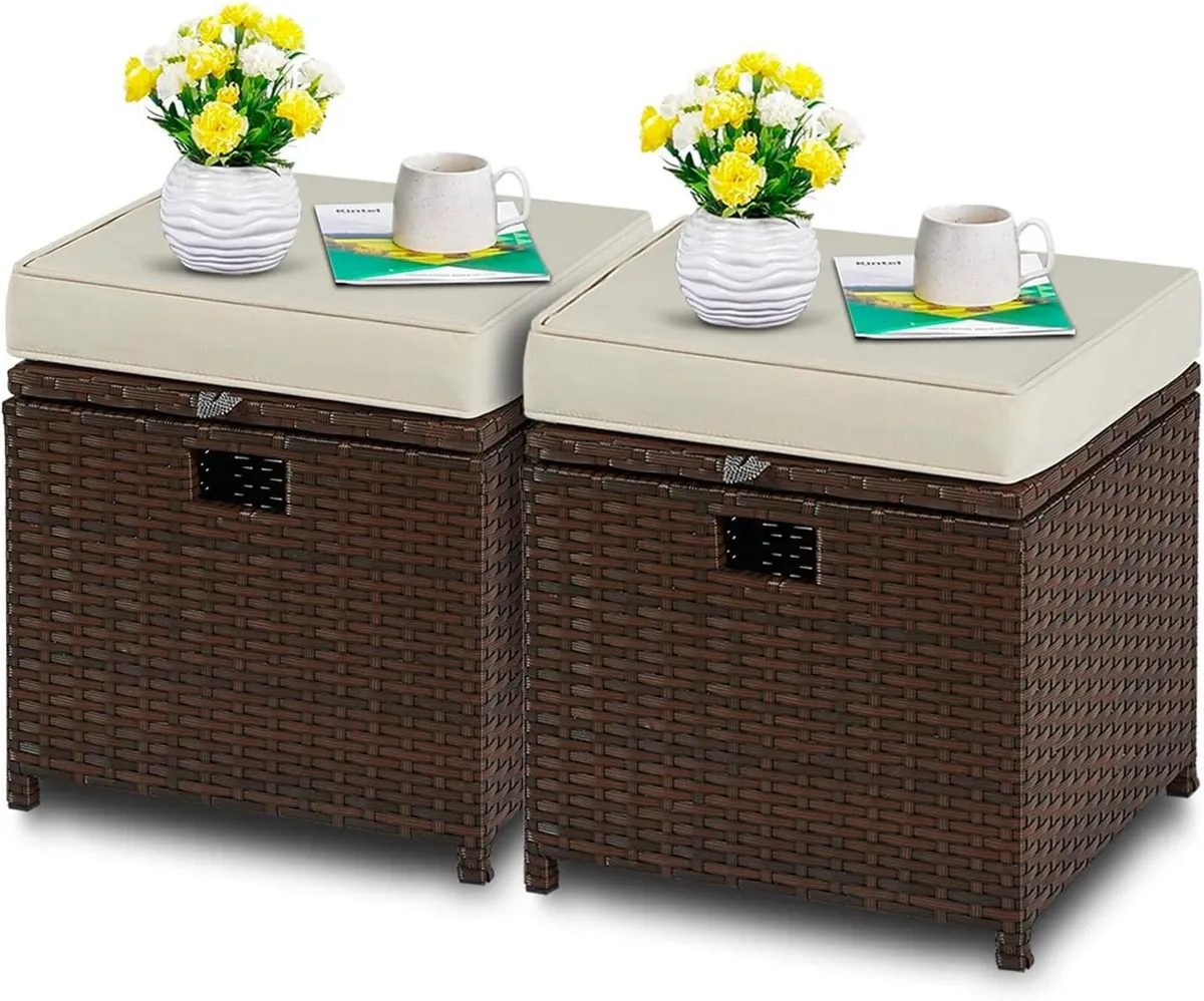 2 Pieces Outdoor Patio Ottomans PE Rattan Foot - Image 1