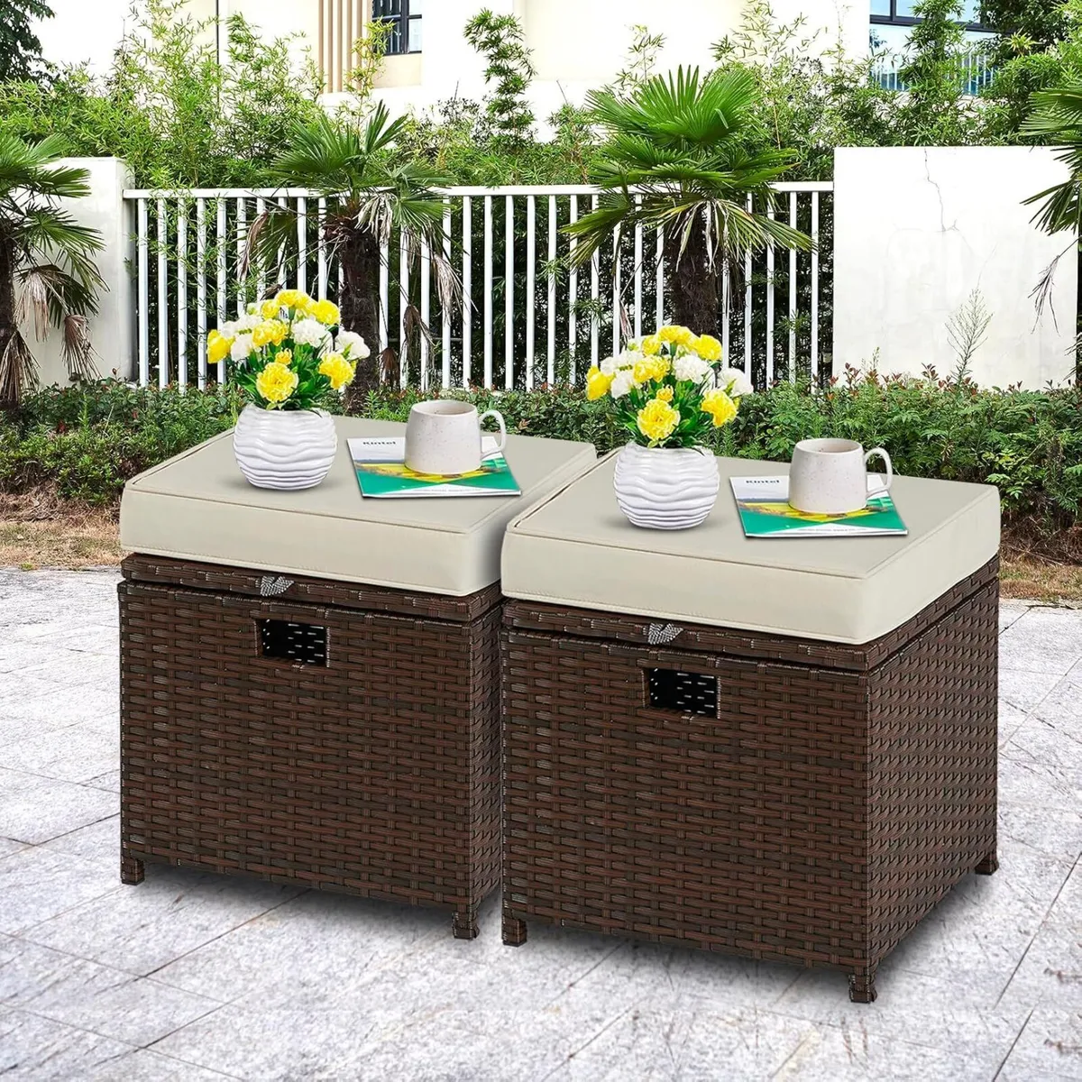 2 Pieces Outdoor Patio Ottomans PE Rattan Foot - Image 2