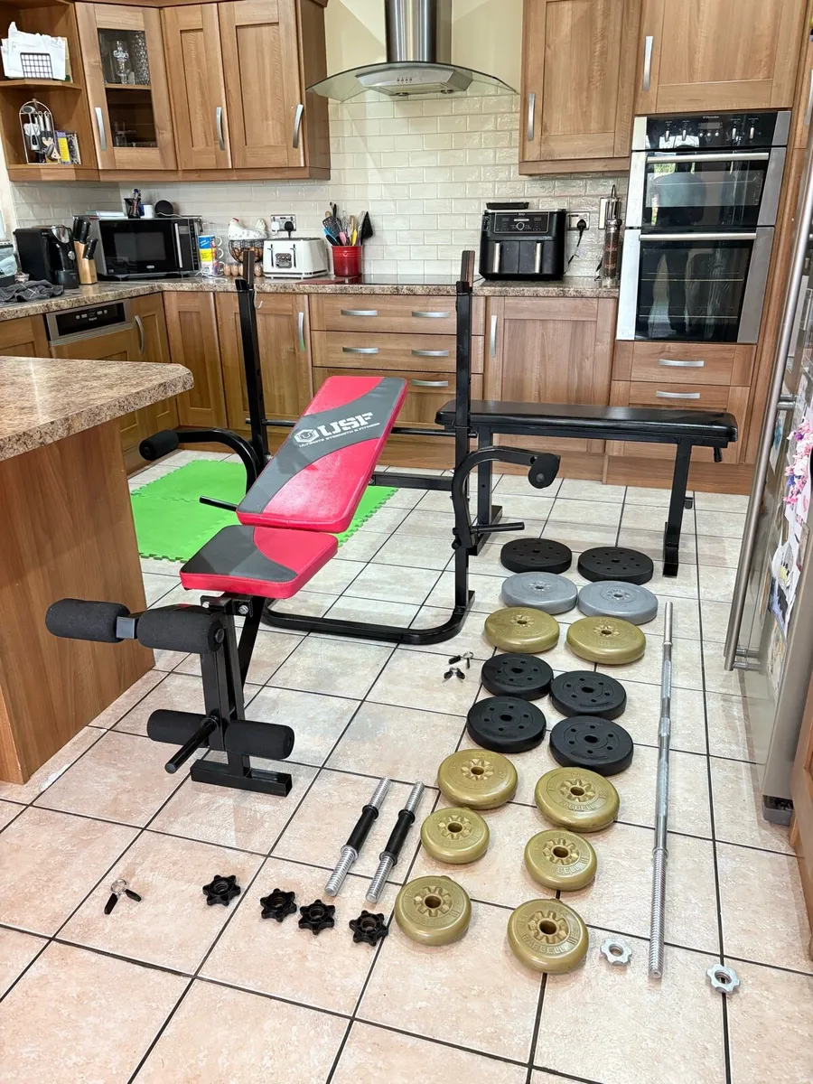WEIGHT BENCHES X 2, LEG DEVELOPER, WEIGHTS, BARS+ - Image 1