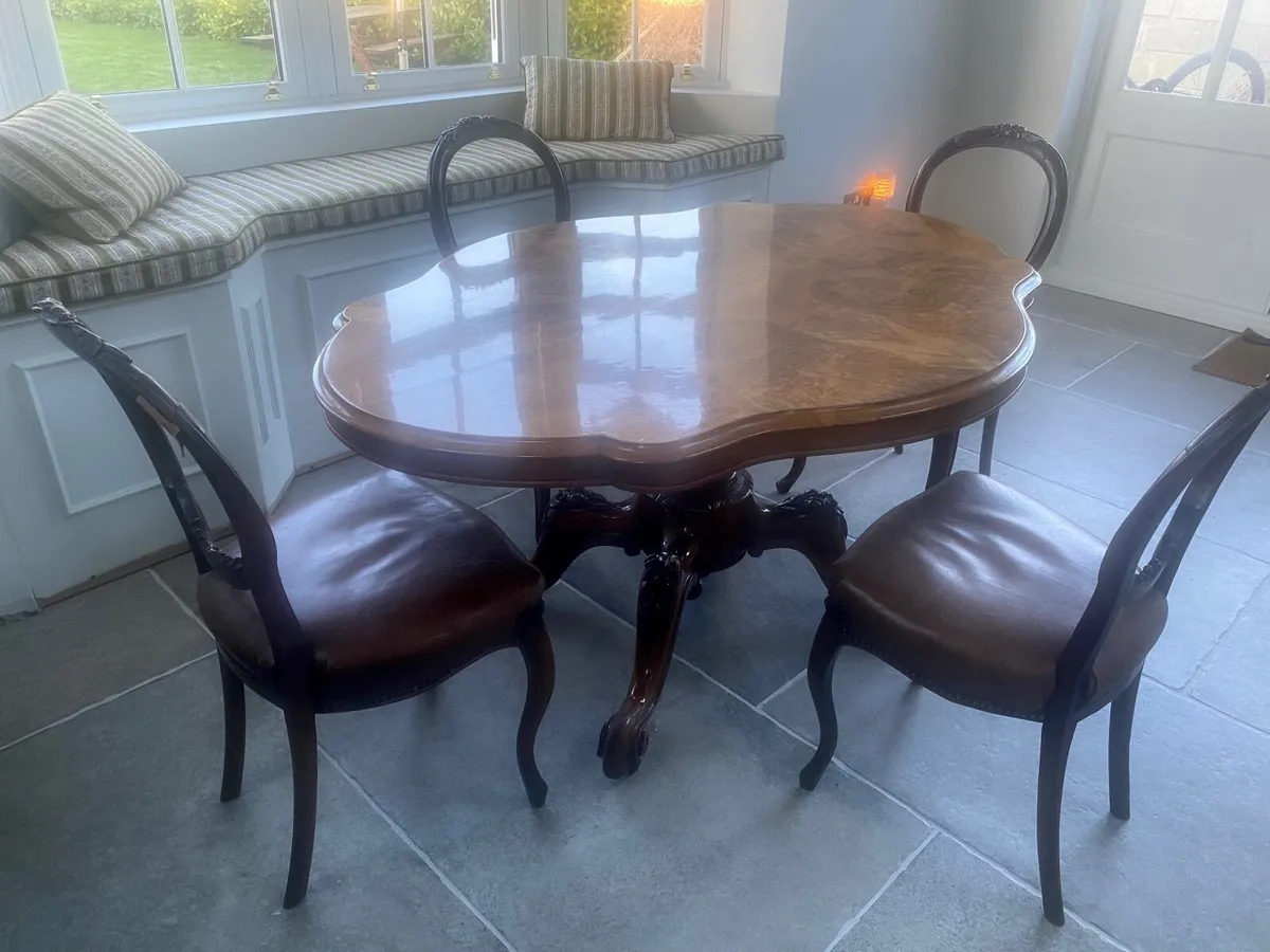 Antique Burr Walnut Table and  4 chairs - Image 1