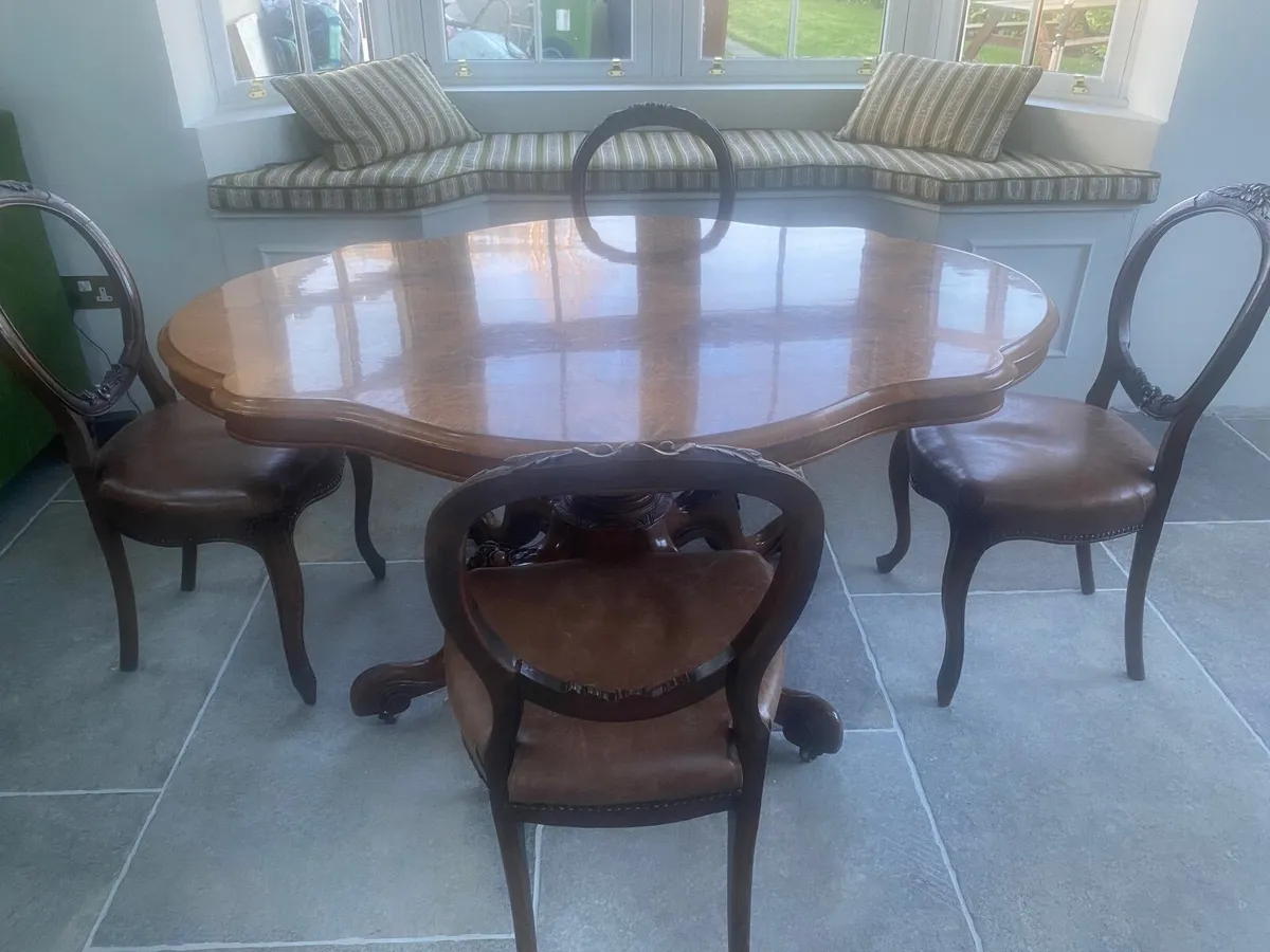 Antique Burr Walnut Table and  4 chairs - Image 3