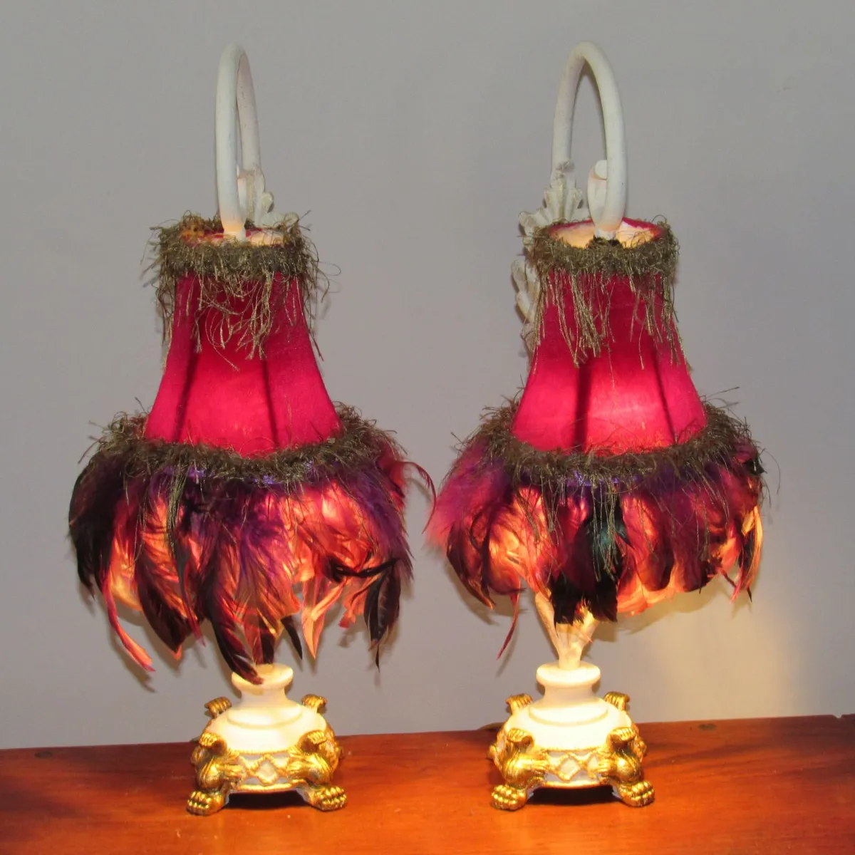 Pair Vintage Decorative Table Lamps Feather Shades - Image 2