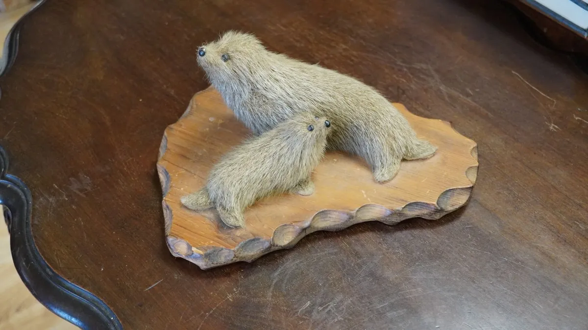 Vintage Faux Seal Pair Figure on Wooden Base - Image 1