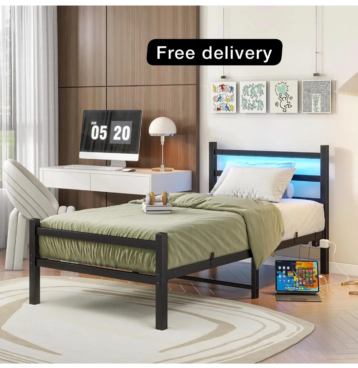 3ft Single Bed Frame with Headboard & LED Lights,H - Image 1