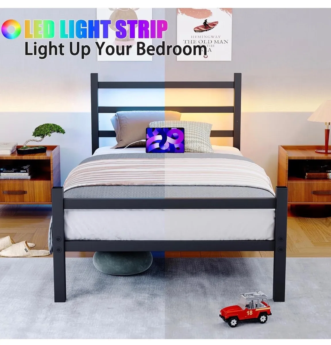 3ft Single Bed Frame with Headboard & LED Lights,H - Image 1