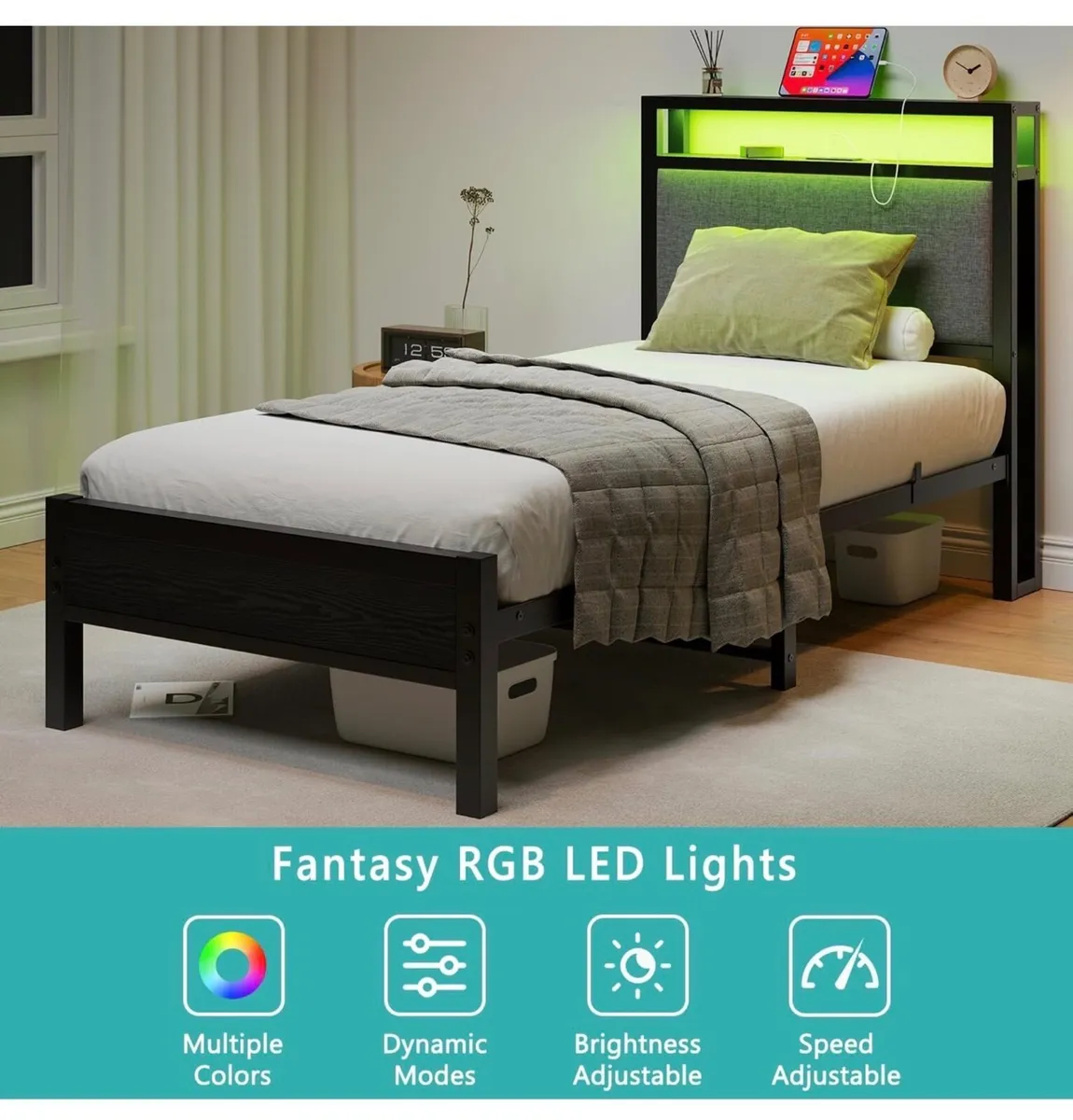 3FT Single Bed Frame with LED Lights and Charging - Image 1