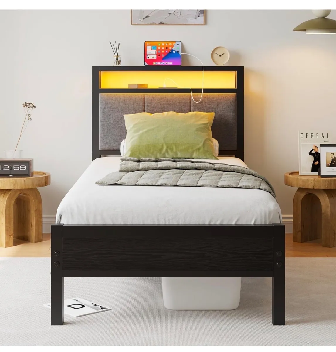 3FT Single Bed Frame with LED Lights and Charging - Image 2