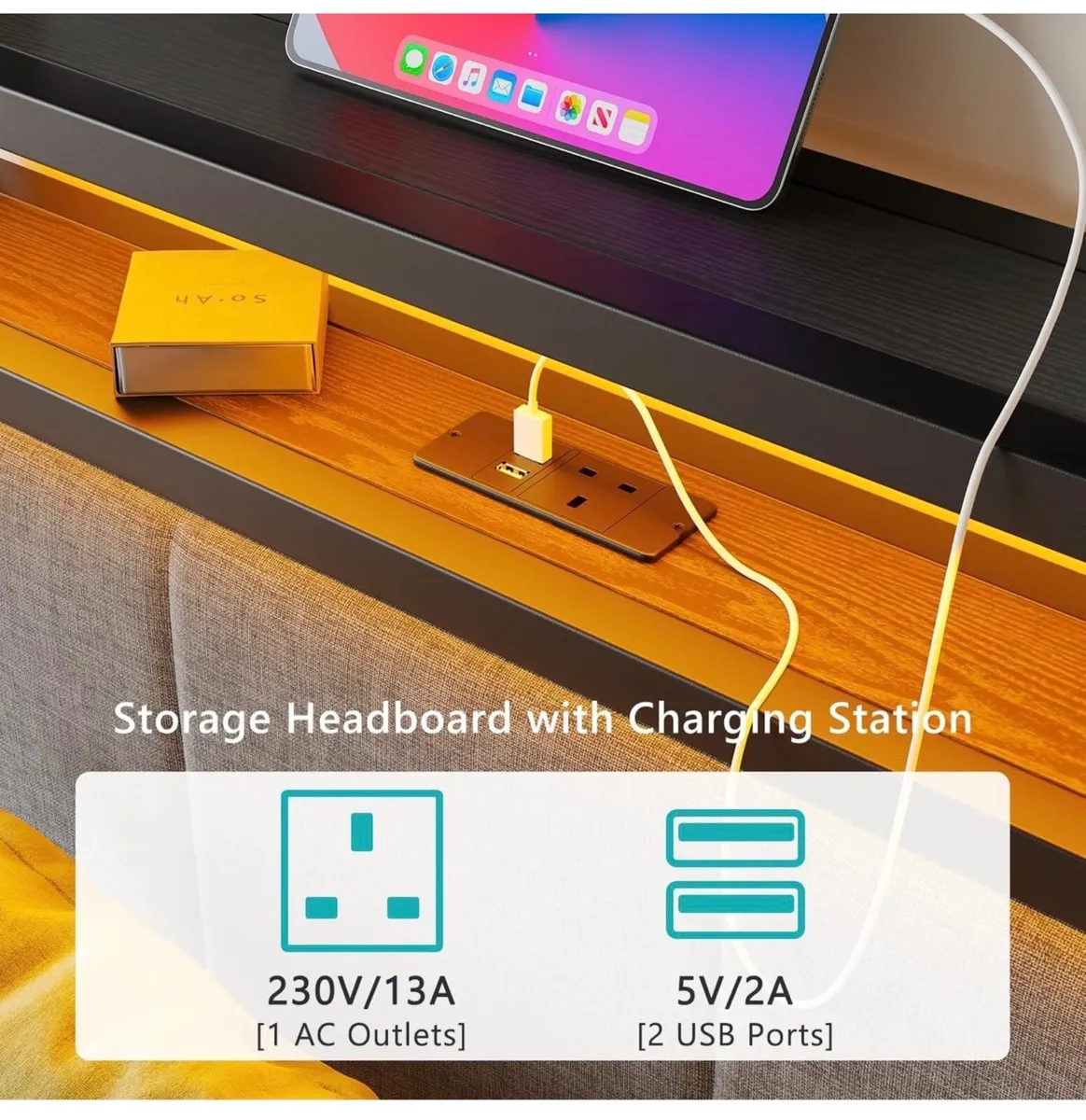 3FT Single Bed Frame with LED Lights and Charging - Image 4