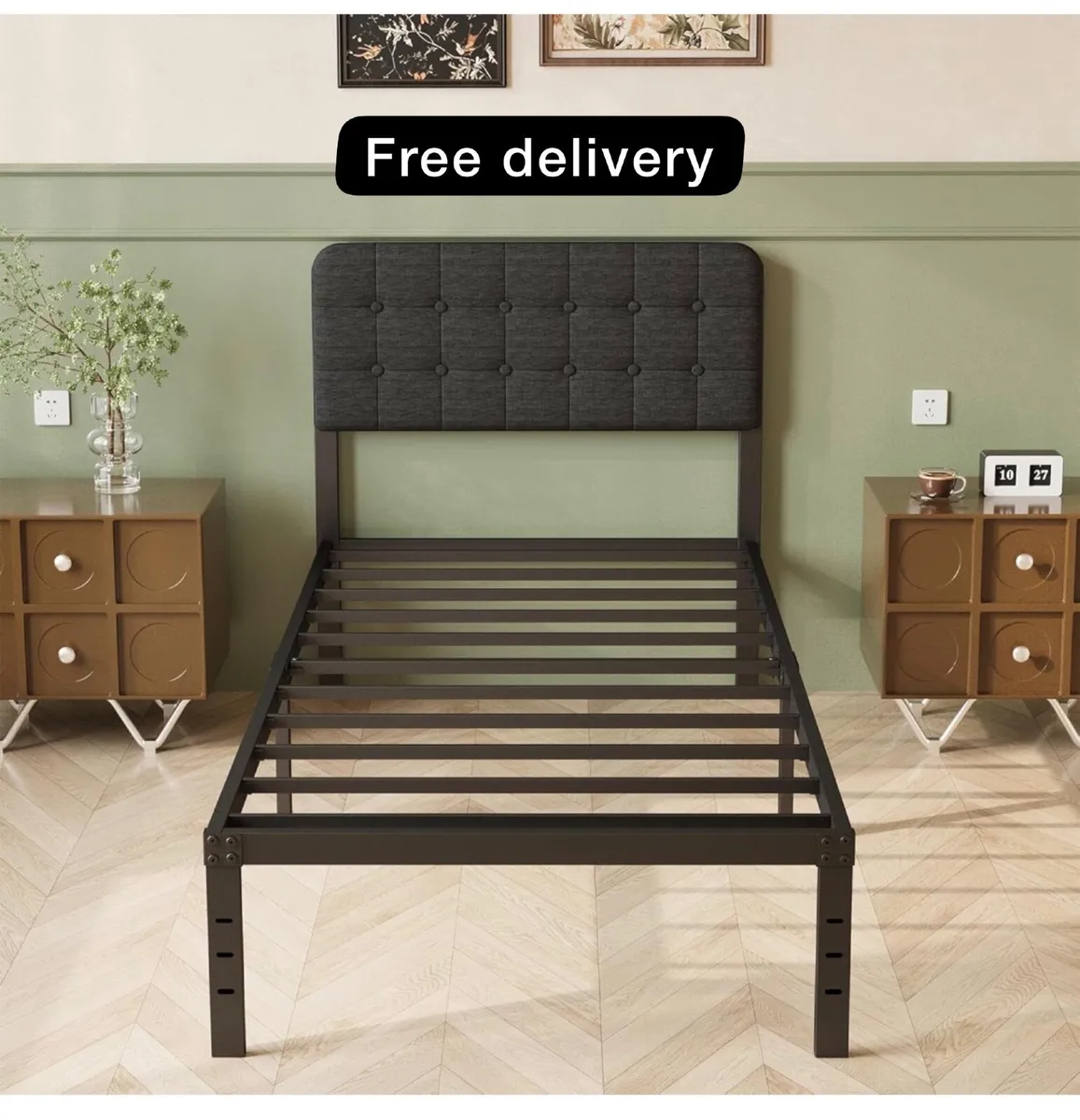 Single Bed Frame 3ft with Upholstered Headboard, 3 - Image 1