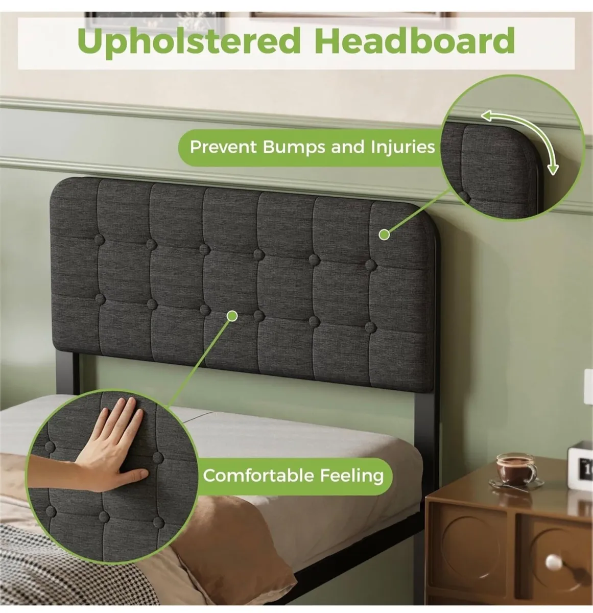 Single Bed Frame 3ft with Upholstered Headboard, 3 - Image 2